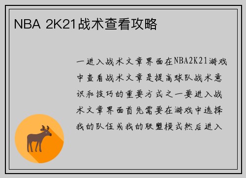 NBA 2K21战术查看攻略