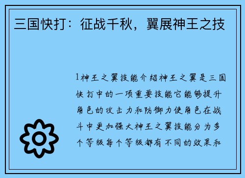 三国快打：征战千秋，翼展神王之技