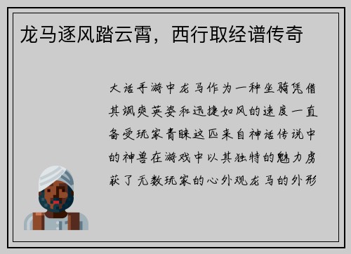 龙马逐风踏云霄，西行取经谱传奇