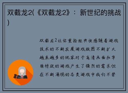 双截龙2(《双截龙2》：新世纪的挑战)